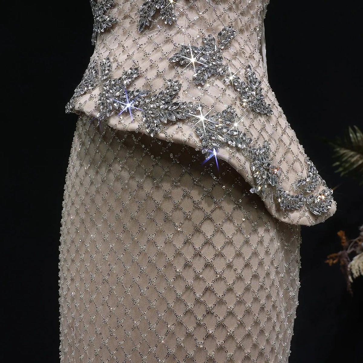 Luxury Champagne Strapless Beaded Evening Dress with Cap SS394