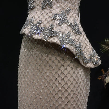 Luxury Champagne Strapless Beaded Evening Dress with Cap SS394