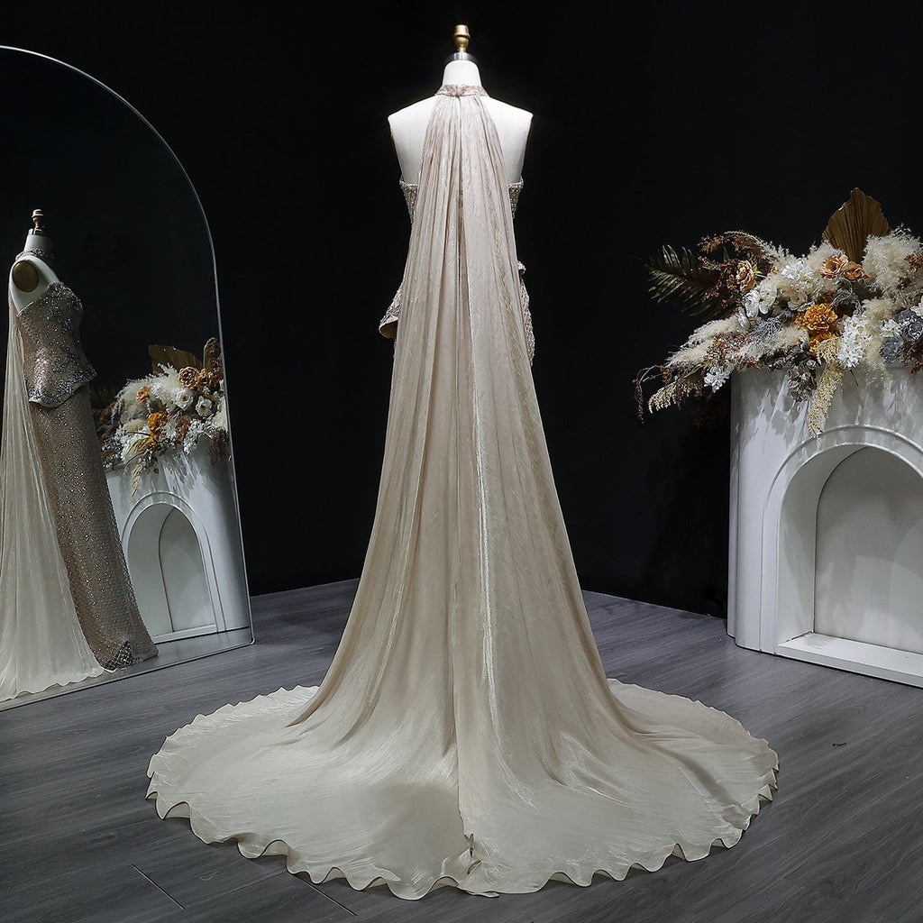 Luxury Champagne Beaded Strapless Evening Dress with Cape SS394