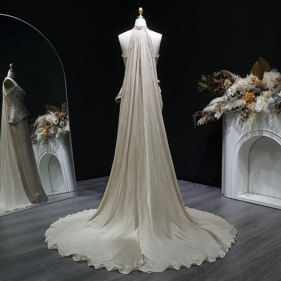 Luxury Champagne Strapless Beaded Evening Dress with Cap SS394
