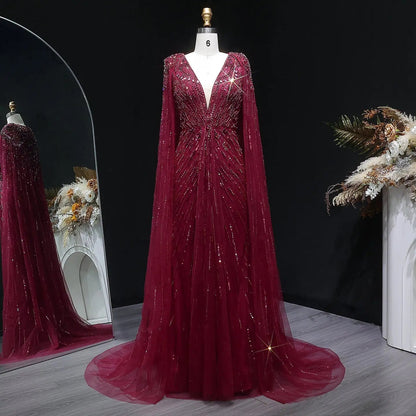 Luxury Dubai Green Evening Dresses with Cape Fuchsia Crystal Gold SS399