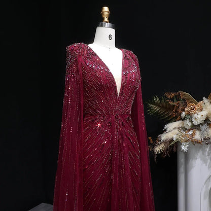 Luxury Dubai Green Evening Dresses with Cape Fuchsia Crystal Gold SS399