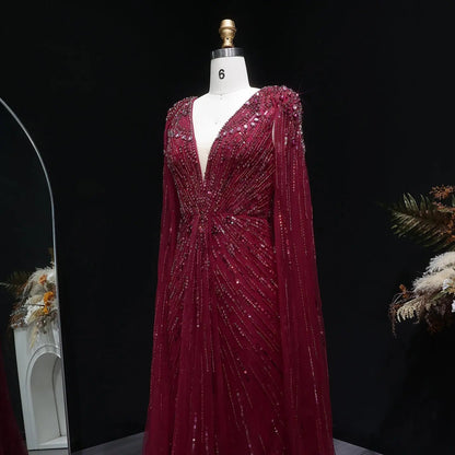 Luxury Dubai Green Evening Dresses with Cape Fuchsia Crystal Gold SS399