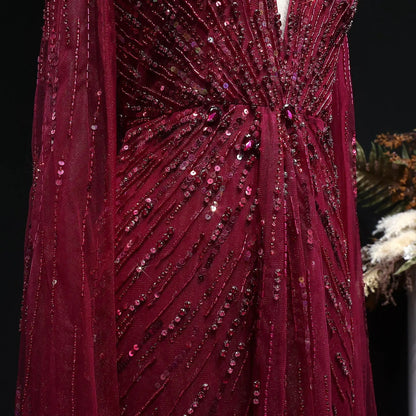 Luxury Dubai Green Evening Dresses with Cape Fuchsia Crystal Gold SS399