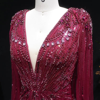 Luxury Dubai Green Evening Dresses with Cape Fuchsia Crystal Gold SS399