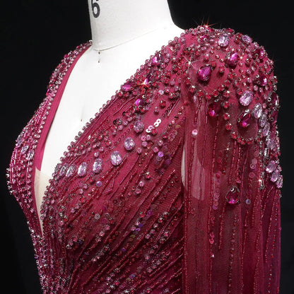 Luxury Dubai Green Evening Dresses with Cape Fuchsia Crystal Gold SS399