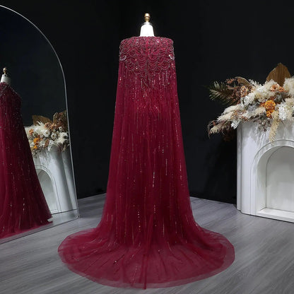 Luxury Dubai Green Evening Dresses with Cape Fuchsia Crystal Gold SS399