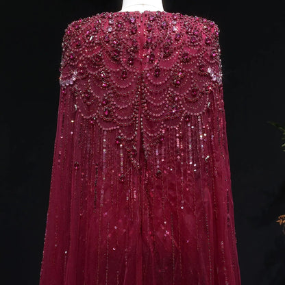 Luxury Dubai Green Evening Dresses with Cape Fuchsia Crystal Gold SS399