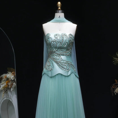 Luxury Aqua Strapless Sequin Cape A-line Evening Dress with Scarf SS413