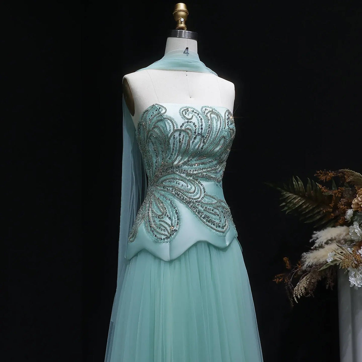 Luxury Aqua Strapless Sequin Cape A-line Evening Dress with Scarf SS413