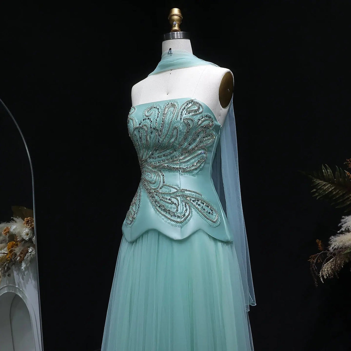 Luxury Aqua Strapless Sequin Cape A-line Evening Dress with Scarf SS413