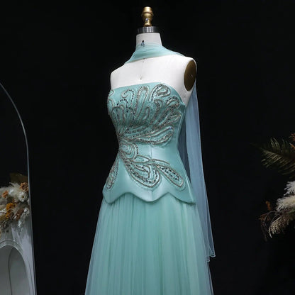 Luxury Aqua Strapless Sequin Cape A-line Evening Dress with Scarf SS413