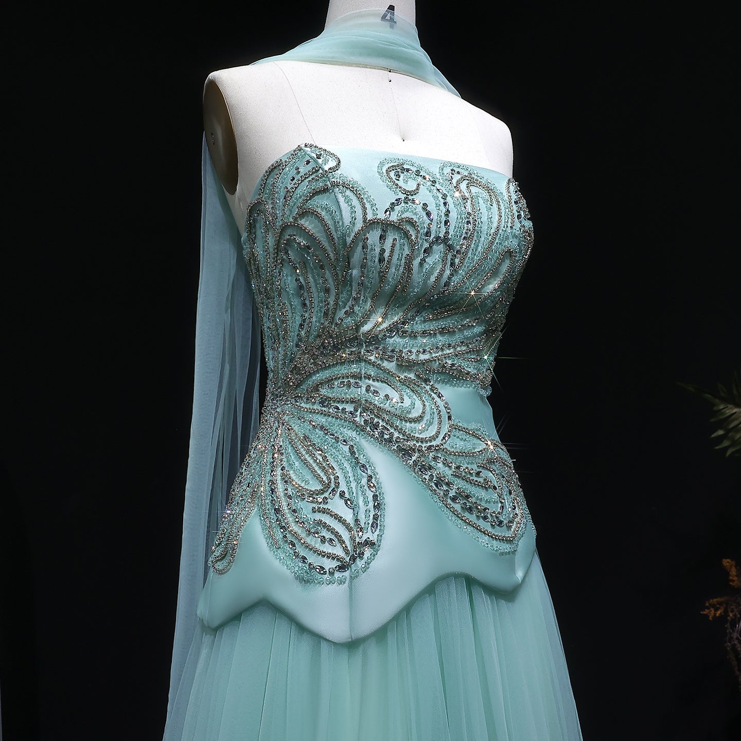 Glamorous Aqua Strapless Sequin Evening Dress with Cape and Scarf SS413
