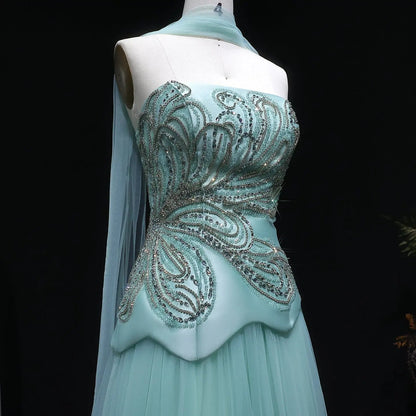 Luxury Aqua Strapless Sequin Cape A-line Evening Dress with Scarf SS413