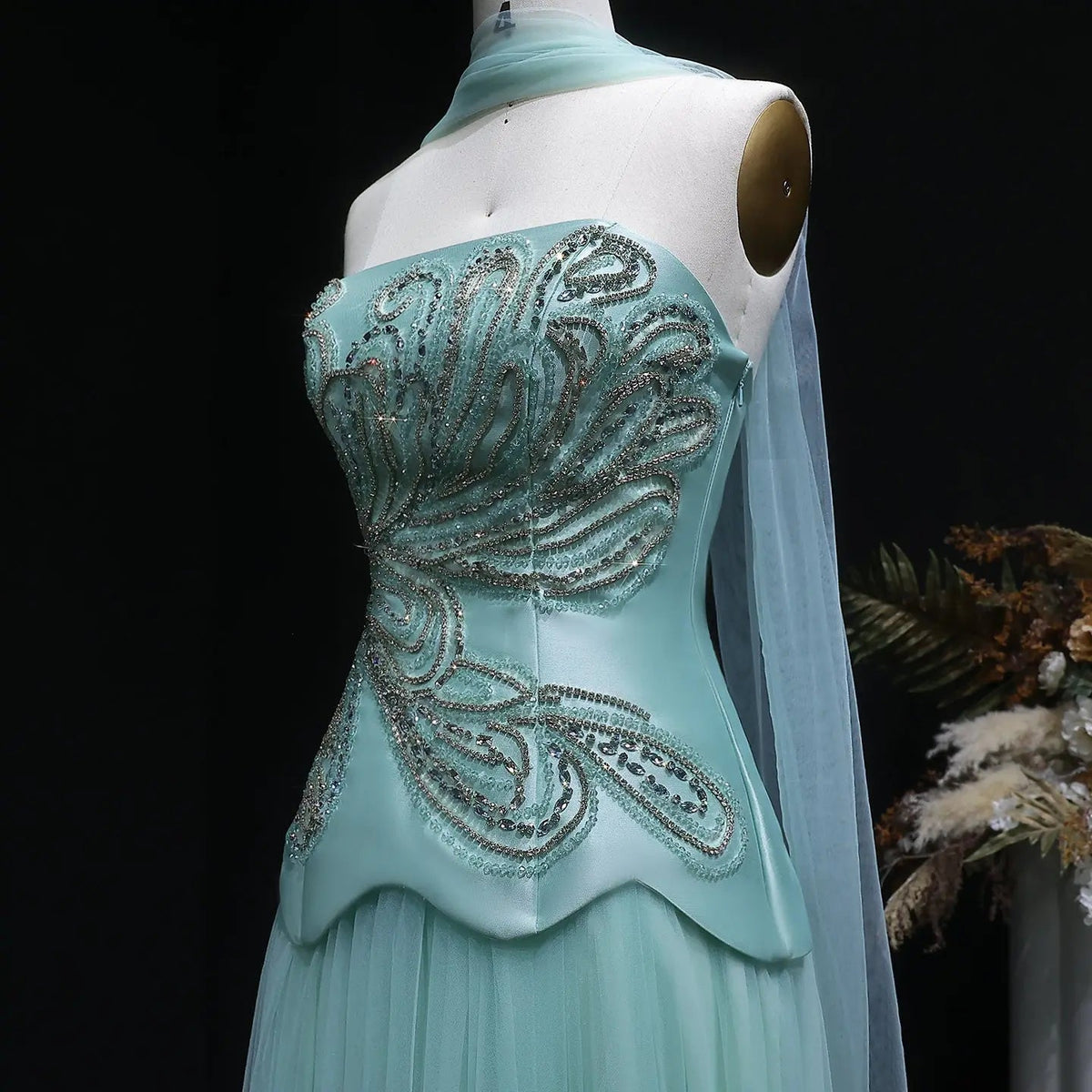 Luxury Aqua Strapless Sequin Cape A-line Evening Dress with Scarf SS413