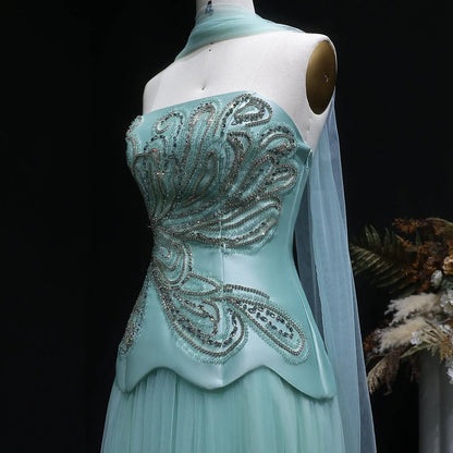 Luxury Aqua Strapless Sequin Cape A-line Evening Dress with Scarf SS413