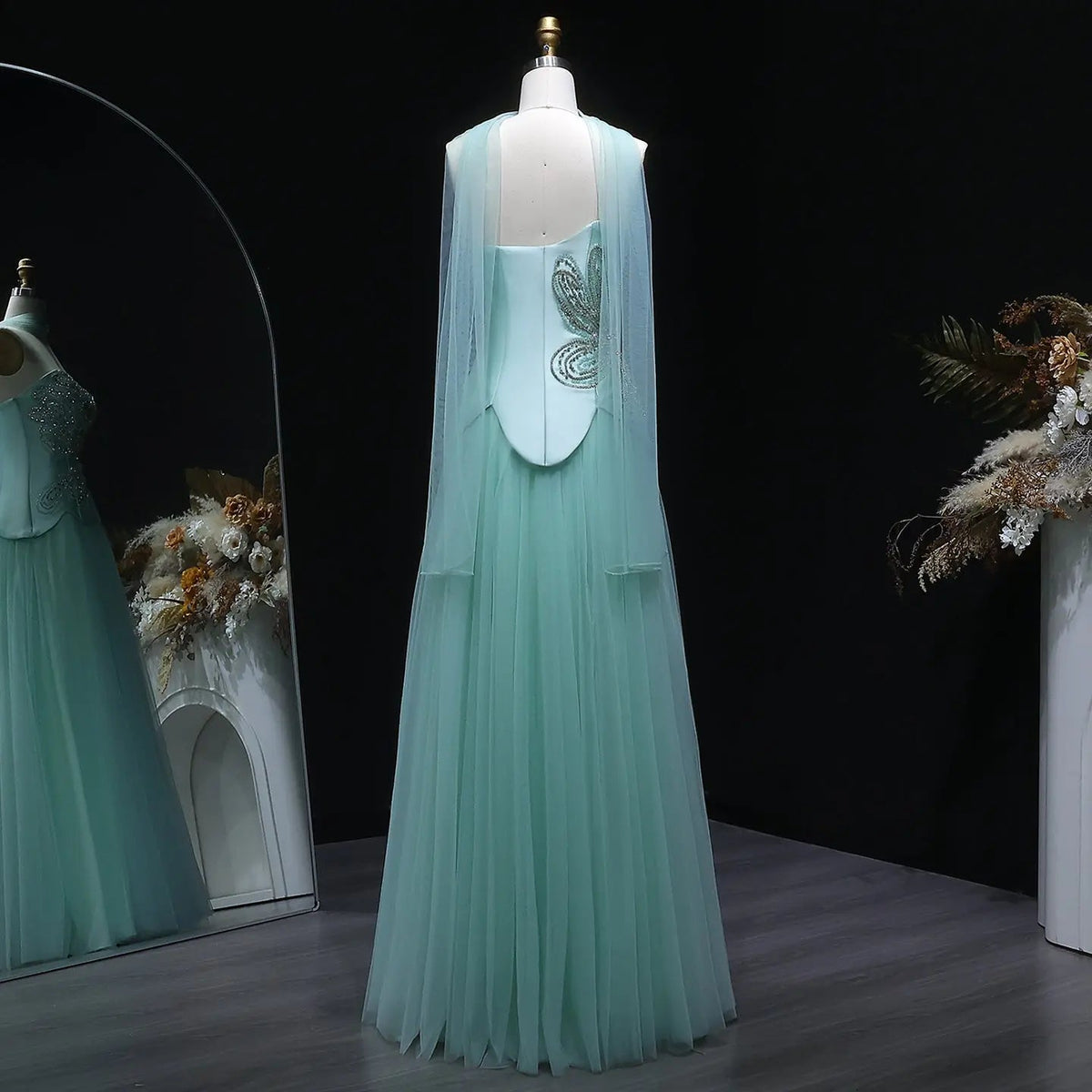 Luxury Aqua Strapless Sequin Cape A-line Evening Dress with Scarf SS413