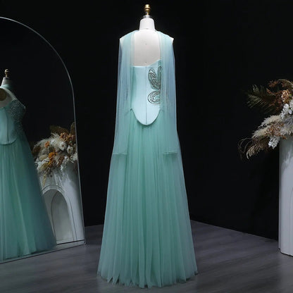 Luxury Aqua Strapless Sequin Cape A-line Evening Dress with Scarf SS413