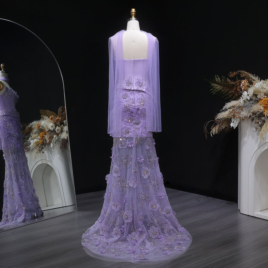 Luxury Lilac 3D Floral Applique Evening Dress with Sheer Tulle and Scarf SS415