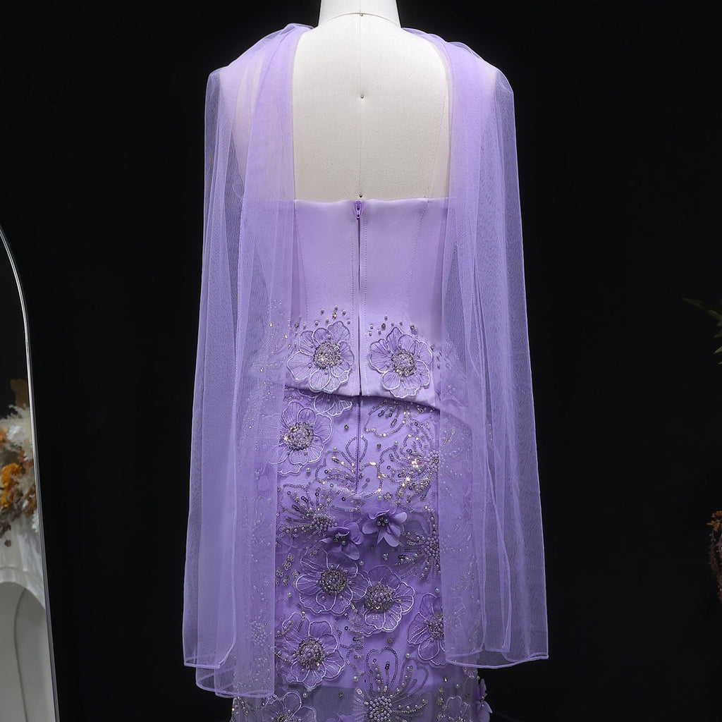 Luxury Lilac 3D Floral Applique Evening Dress with Sheer Tulle and Scarf SS415