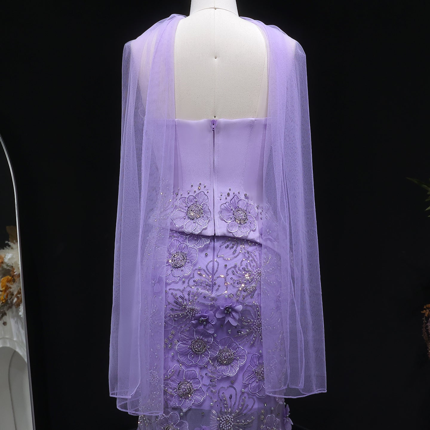 Luxury Lilac 3D Floral Applique Evening Dress with Sheer Tulle and Scarf SS415