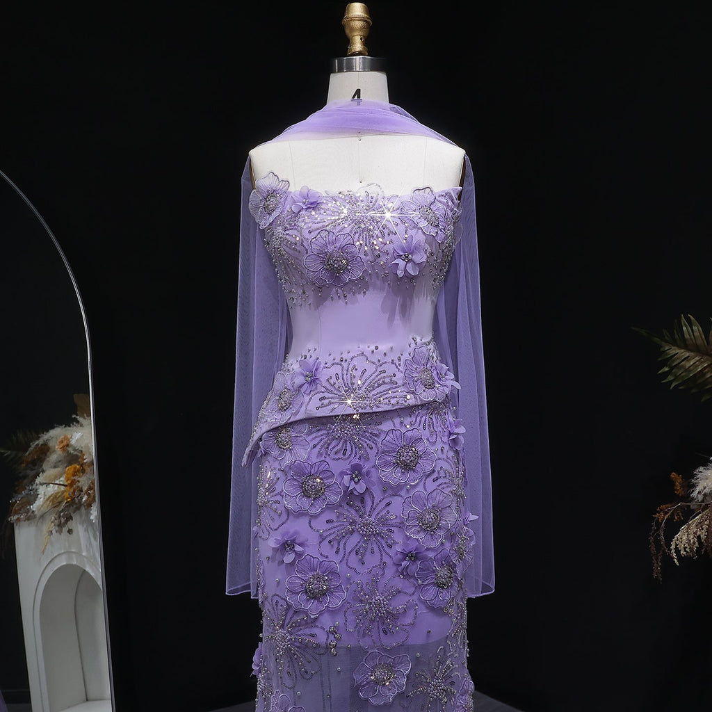 Luxury Lilac 3D Floral Applique Evening Dress with Sheer Tulle and Scarf SS415