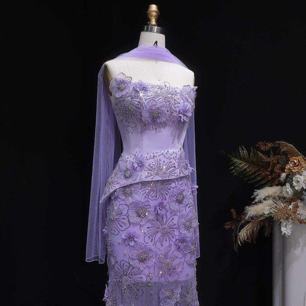 Luxury Lilac 3D Floral Applique Evening Dress with Sheer Tulle and Scarf SS415