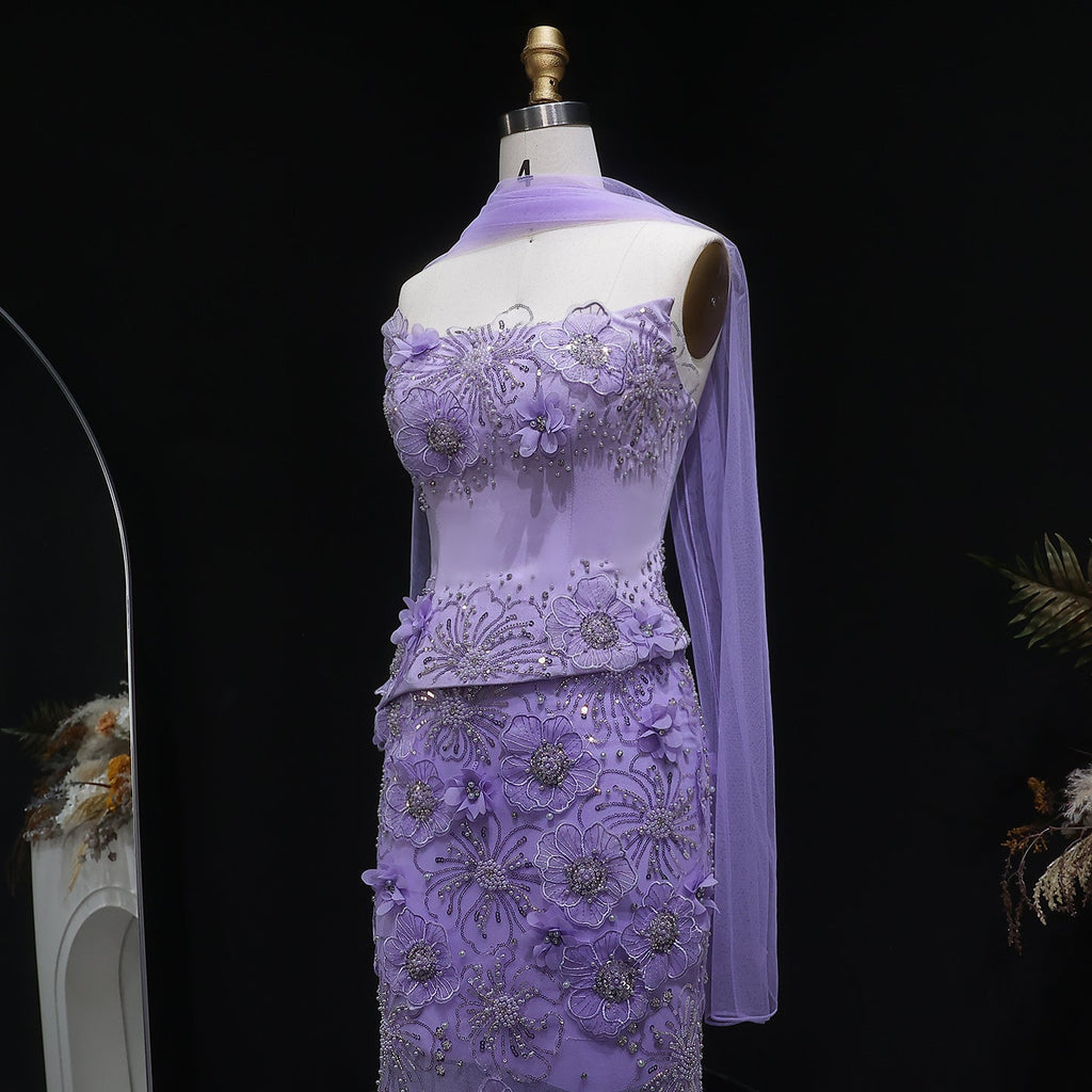 Luxury Lilac 3D Floral Applique Evening Dress with Sheer Tulle and Scarf SS415