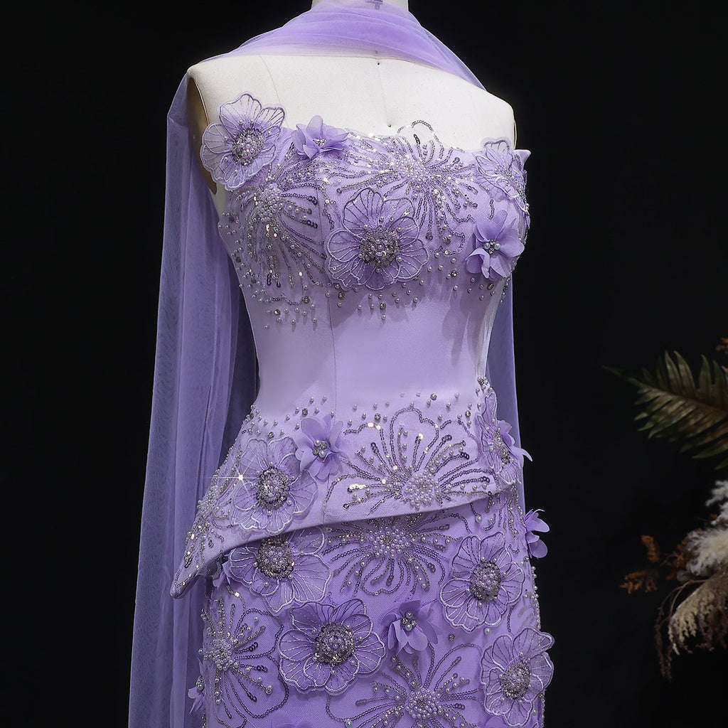Luxury Lilac 3D Floral Applique Evening Dress with Sheer Tulle and Scarf SS415