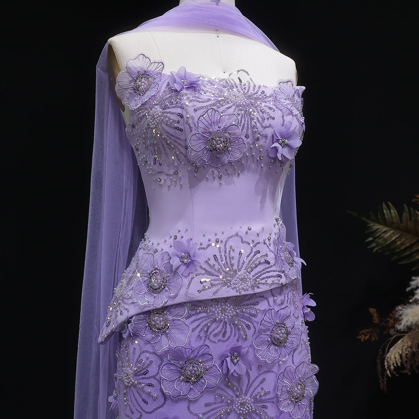 Luxury Lilac 3D Floral Applique Evening Dress with Sheer Tulle and Scarf SS415