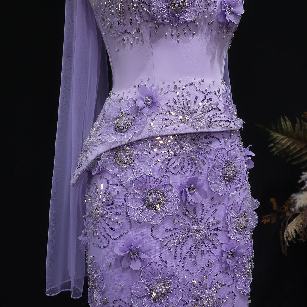 Luxury Lilac 3D Floral Applique Evening Dress with Sheer Tulle and Scarf SS415