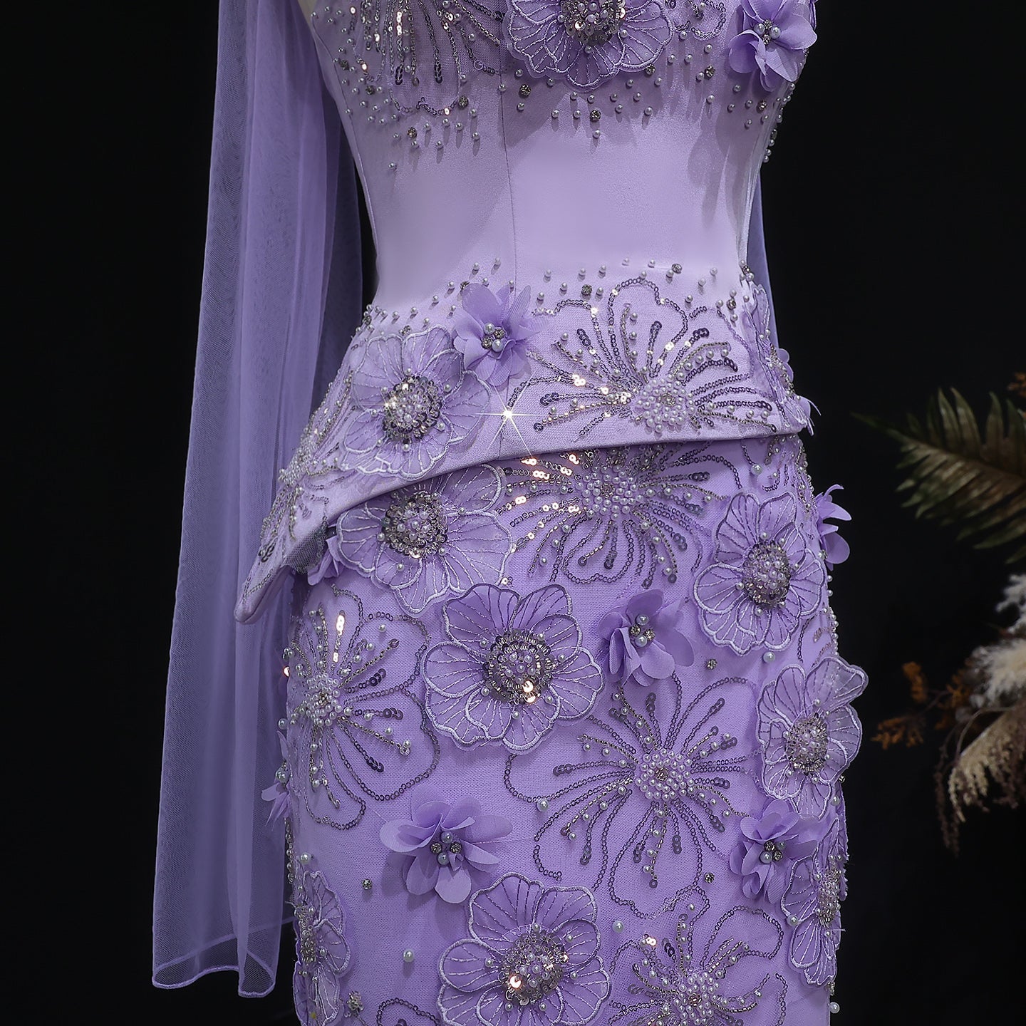 Luxury Lilac 3D Floral Applique Evening Dress with Sheer Tulle and Scarf SS415