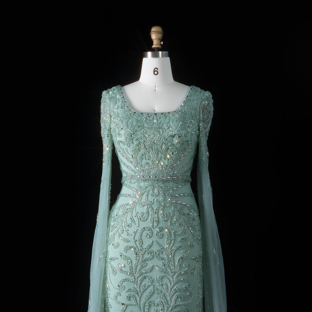 Luxury Beaded Turquoise Evening Dress with Cape Sleeves SS469