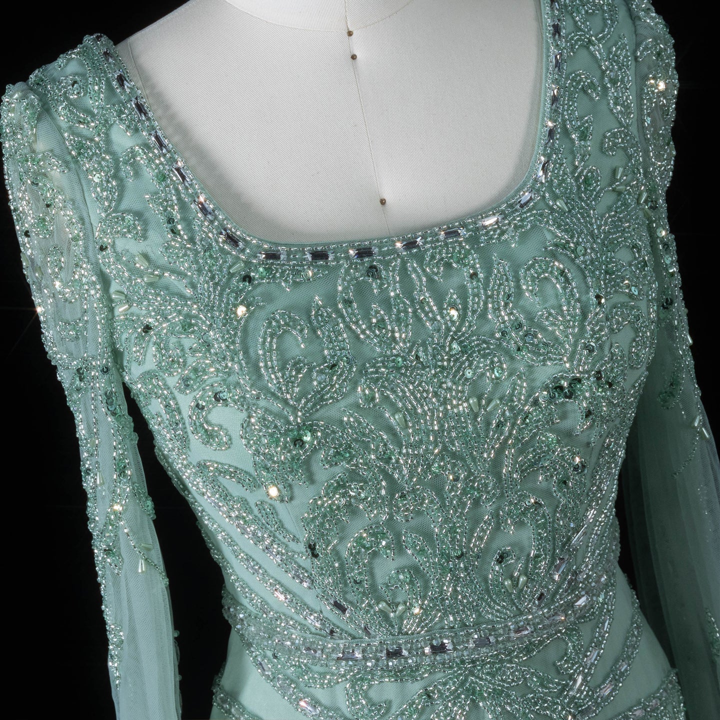 Luxury Beaded Turquoise Evening Dress with Cape Sleeves SS469
