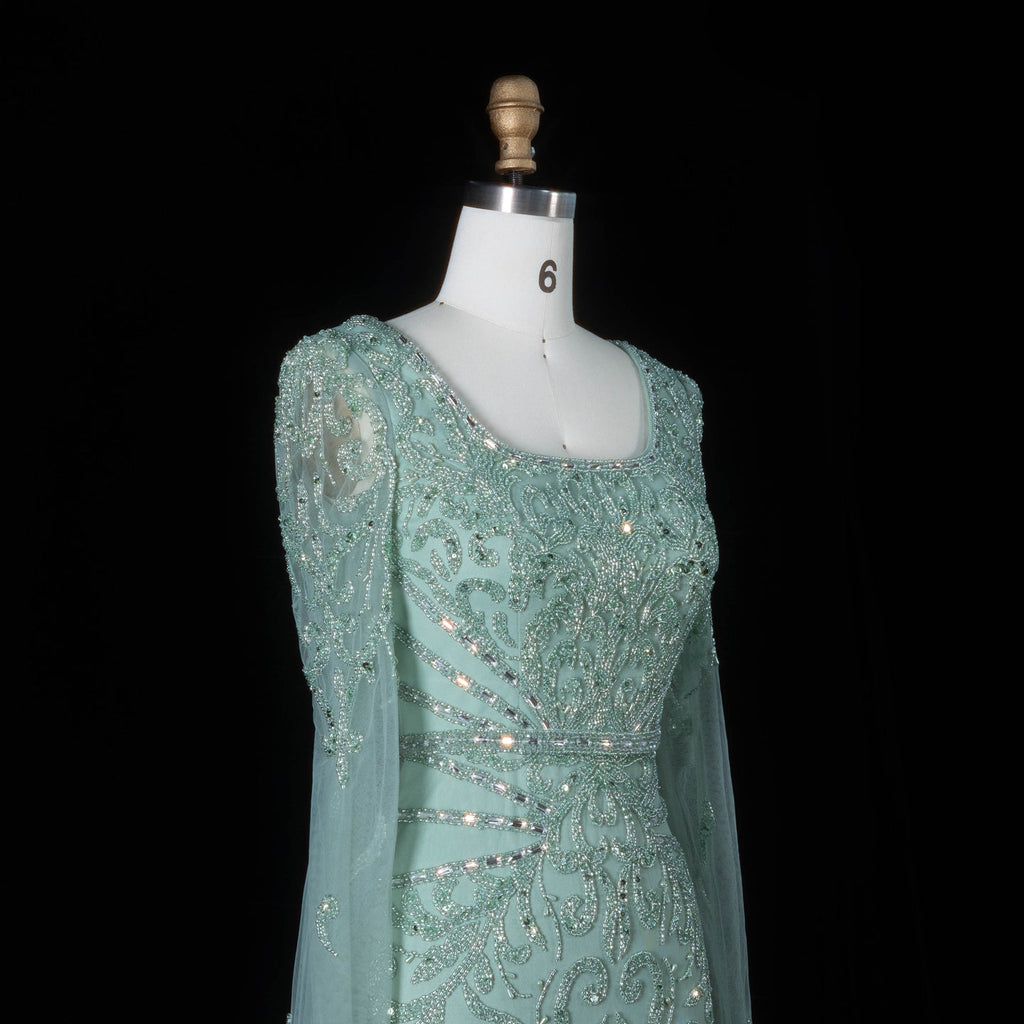 Luxury Beaded Turquoise Evening Dress with Cape Sleeves SS469