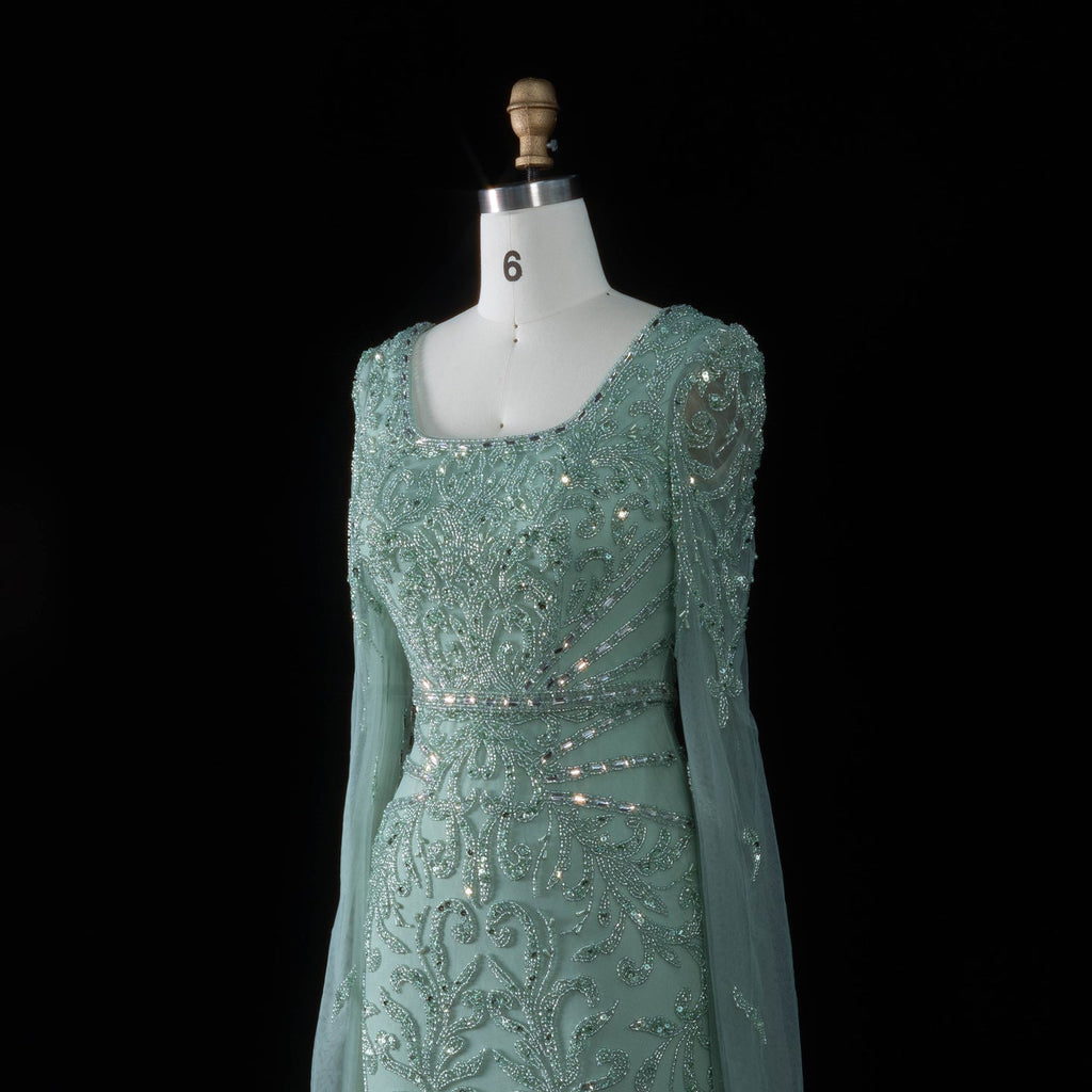 Luxury Beaded Turquoise Evening Dress with Cape Sleeves SS469