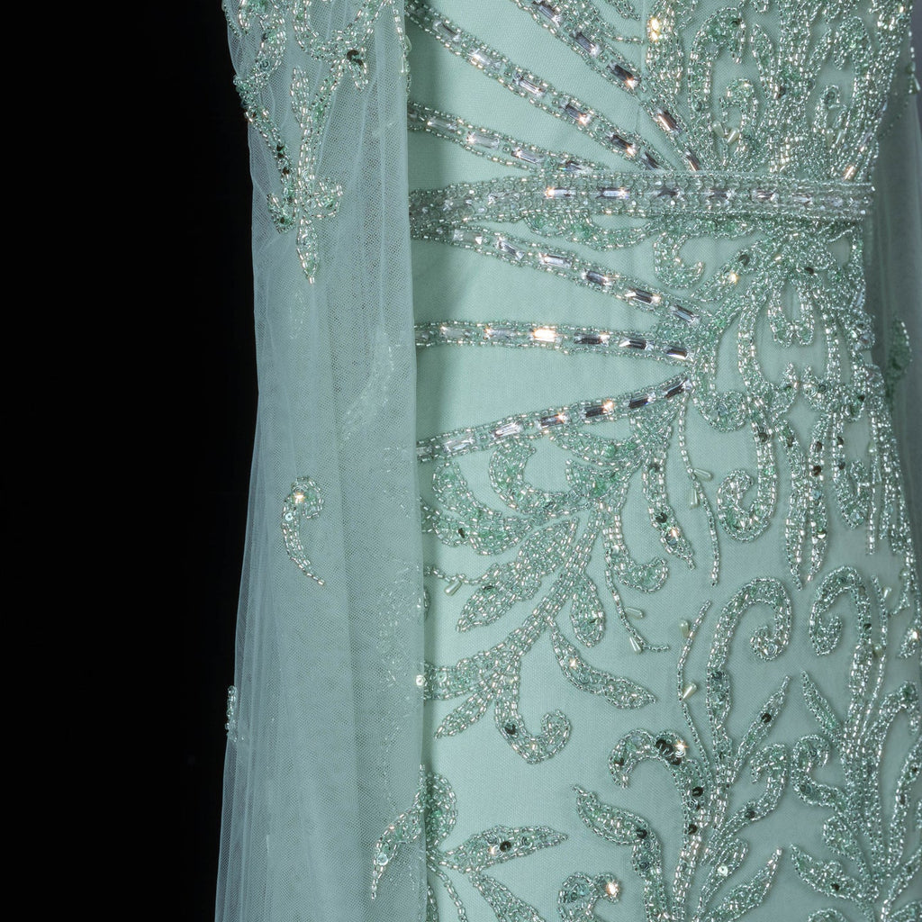 Luxury Beaded Turquoise Evening Dress with Cape Sleeves SS469