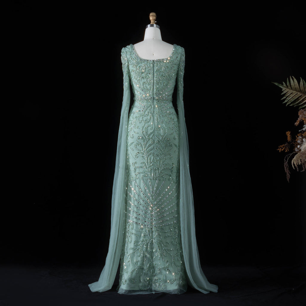 Luxury Beaded Turquoise Evening Dress with Cape Sleeves SS469