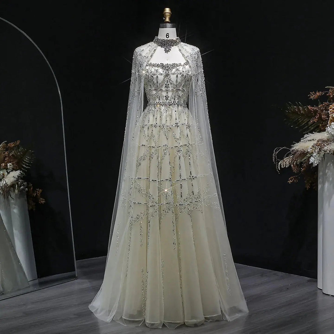 Luxury Cream Heavy Beaded Train Evening Dress with Cape SS486