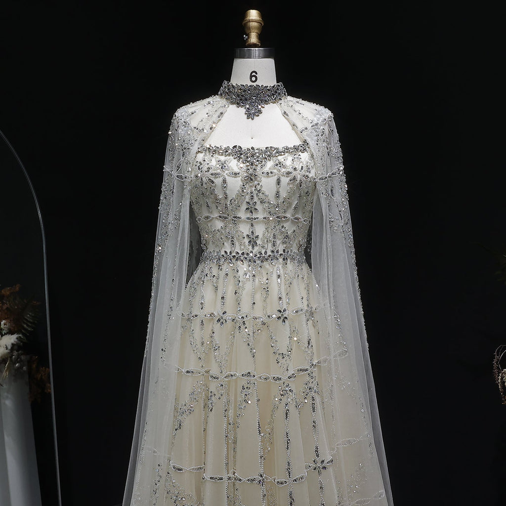 Luxury Cream Crystal Beaded Train Evening Dress with Cape SS486