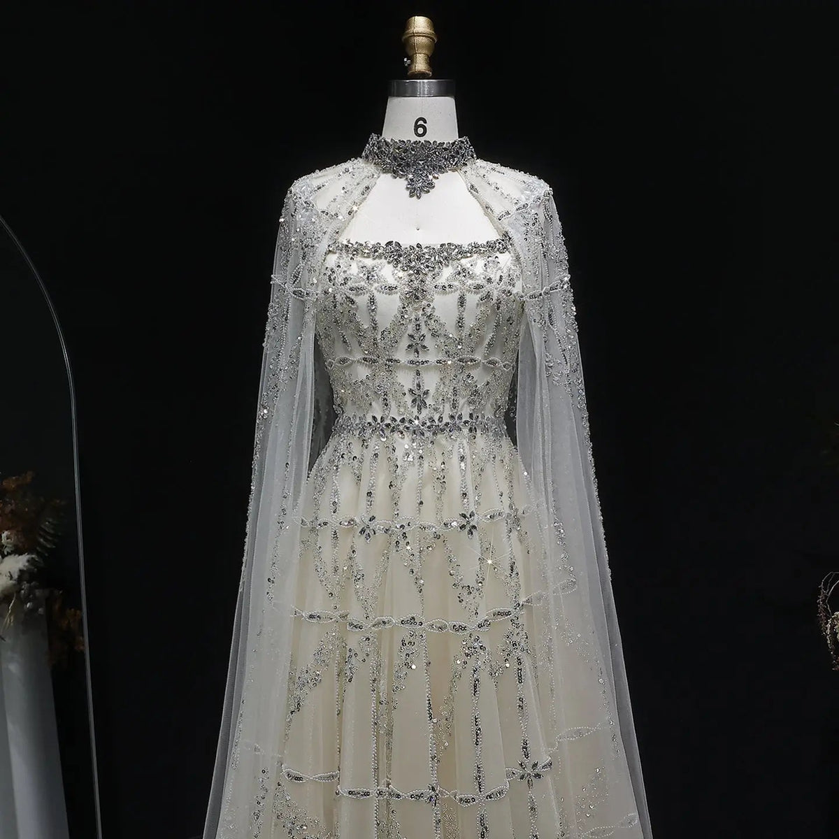 Luxury Cream Heavy Beaded Train Evening Dress with Cape SS486