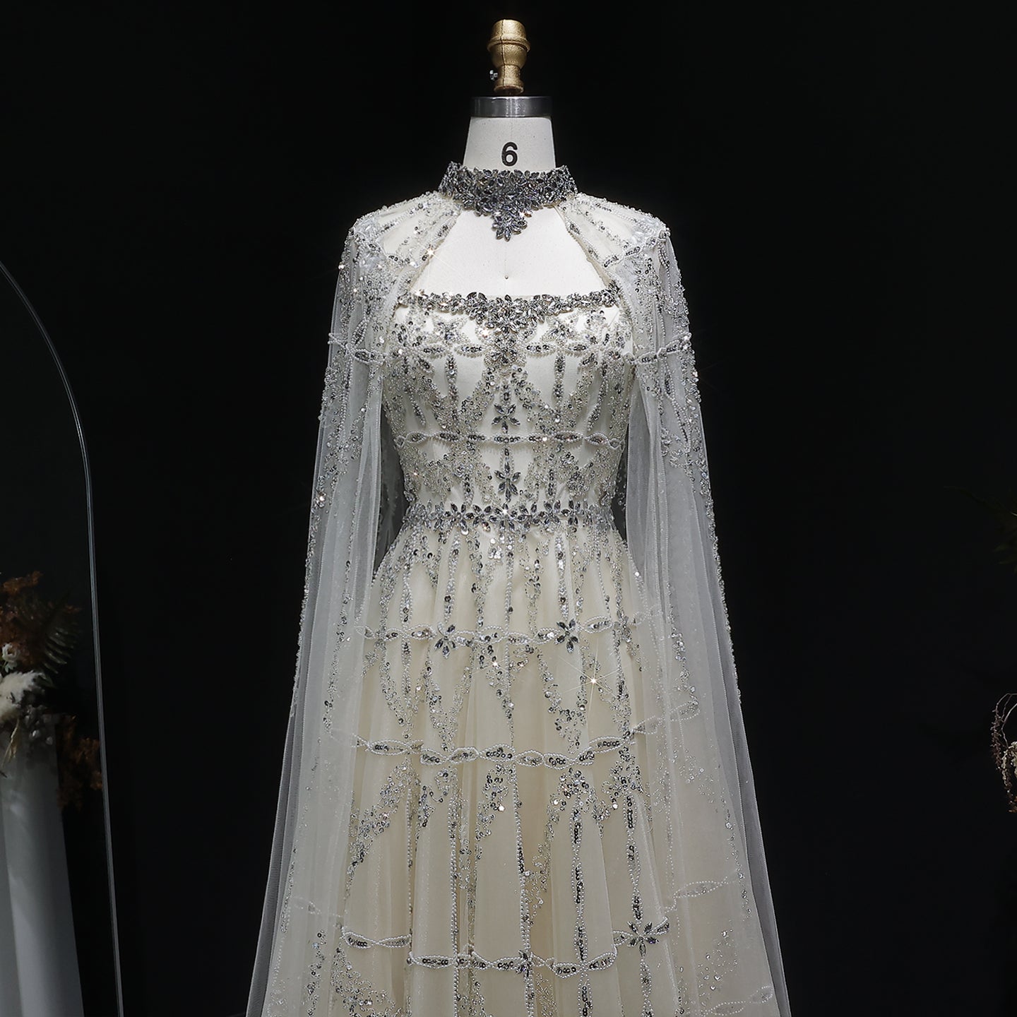 Luxury Cream Crystal Beaded Train Evening Dress with Cape SS486