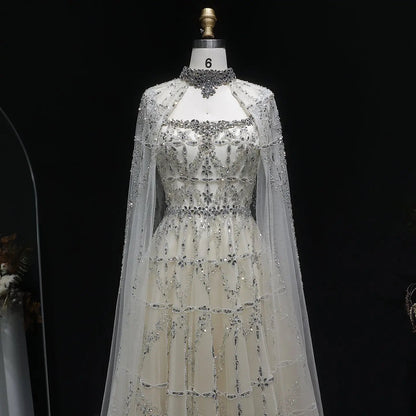 Luxury Cream Heavy Beaded Train Evening Dress with Cape SS486