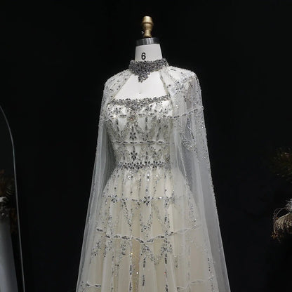 Luxury Cream Heavy Beaded Train Evening Dress with Cape SS486