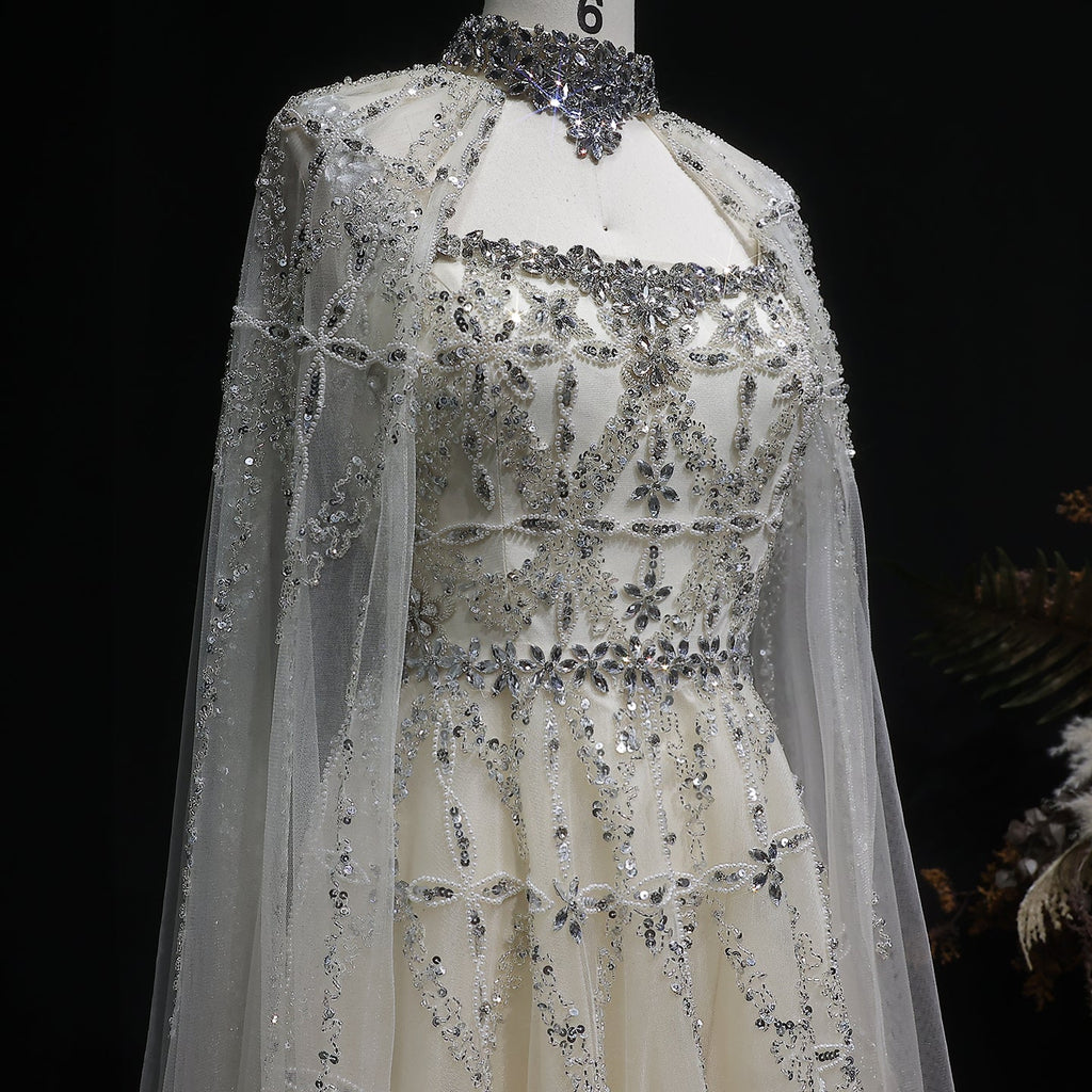 Luxury Cream Crystal Beaded Train Evening Dress with Cape SS486