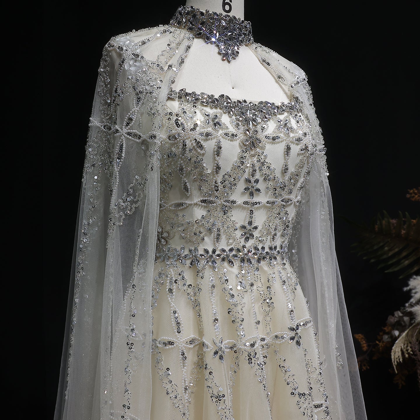 Luxury Cream Crystal Beaded Train Evening Dress with Cape SS486