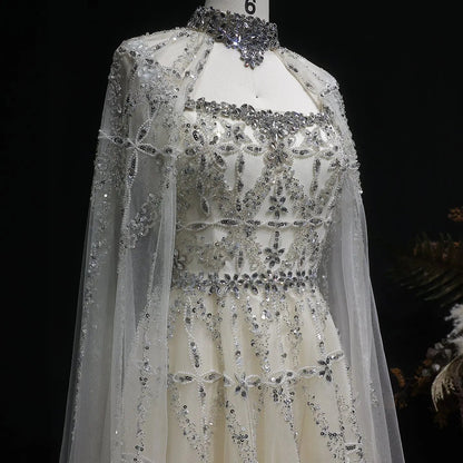 Luxury Cream Heavy Beaded Train Evening Dress with Cape SS486