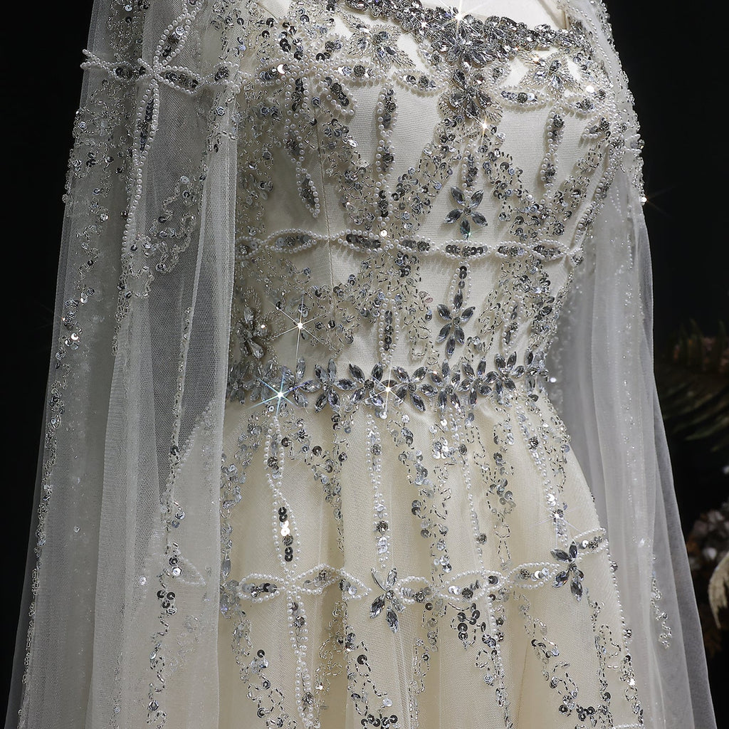 Luxury Cream Crystal Beaded Train Evening Dress with Cape SS486
