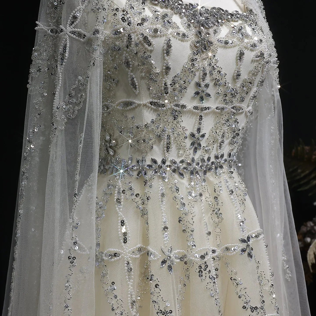 Luxury Cream Heavy Beaded Train Evening Dress with Cape SS486