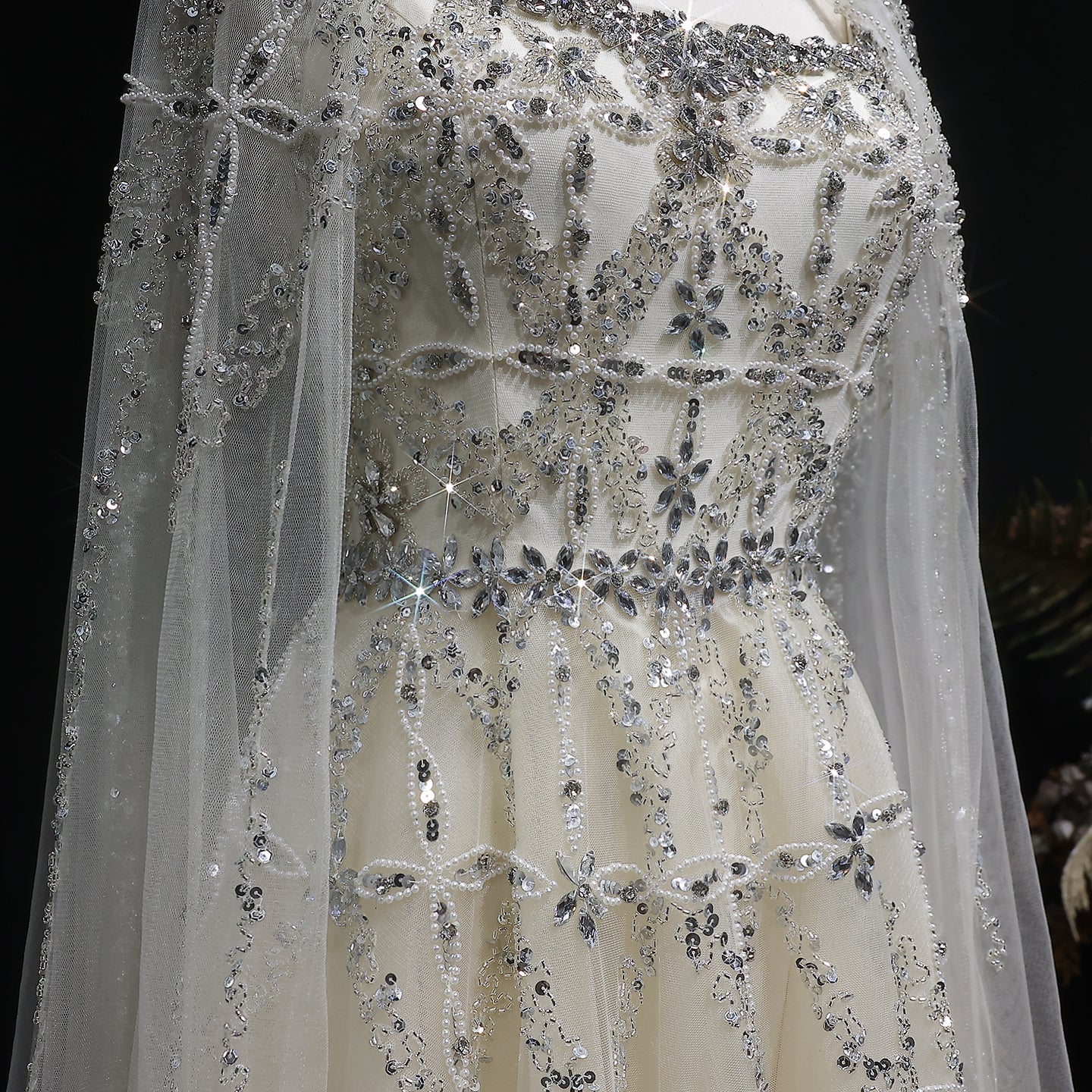 Luxury Cream Crystal Beaded Train Evening Dress with Cape SS486